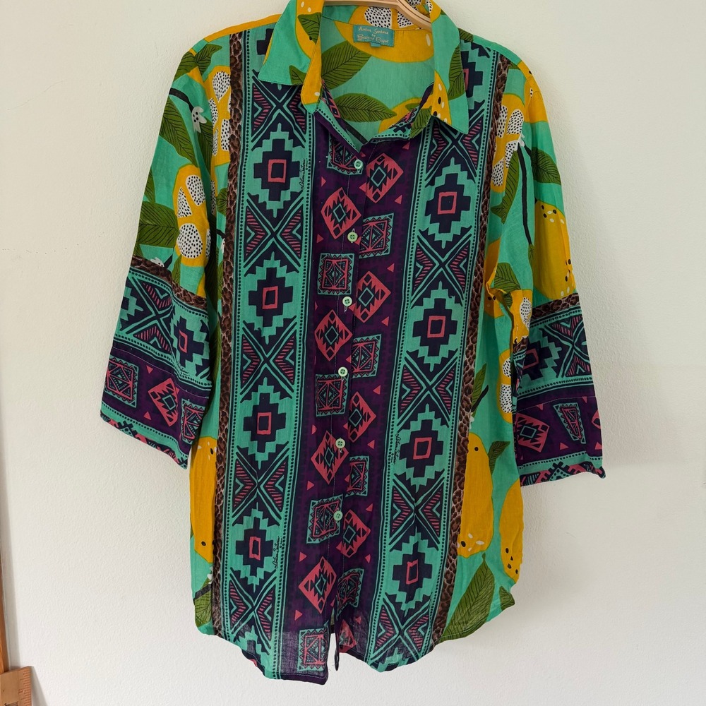 Antica Sartoria Women Cotton Multicolor Lemon Geometric Print Shirt Size M